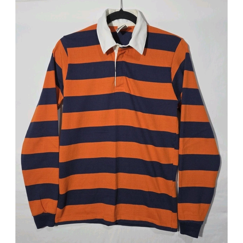Campus Action Rugby Shirt Mens Small Orange Navy Blue Striped Long Sleeve USA
